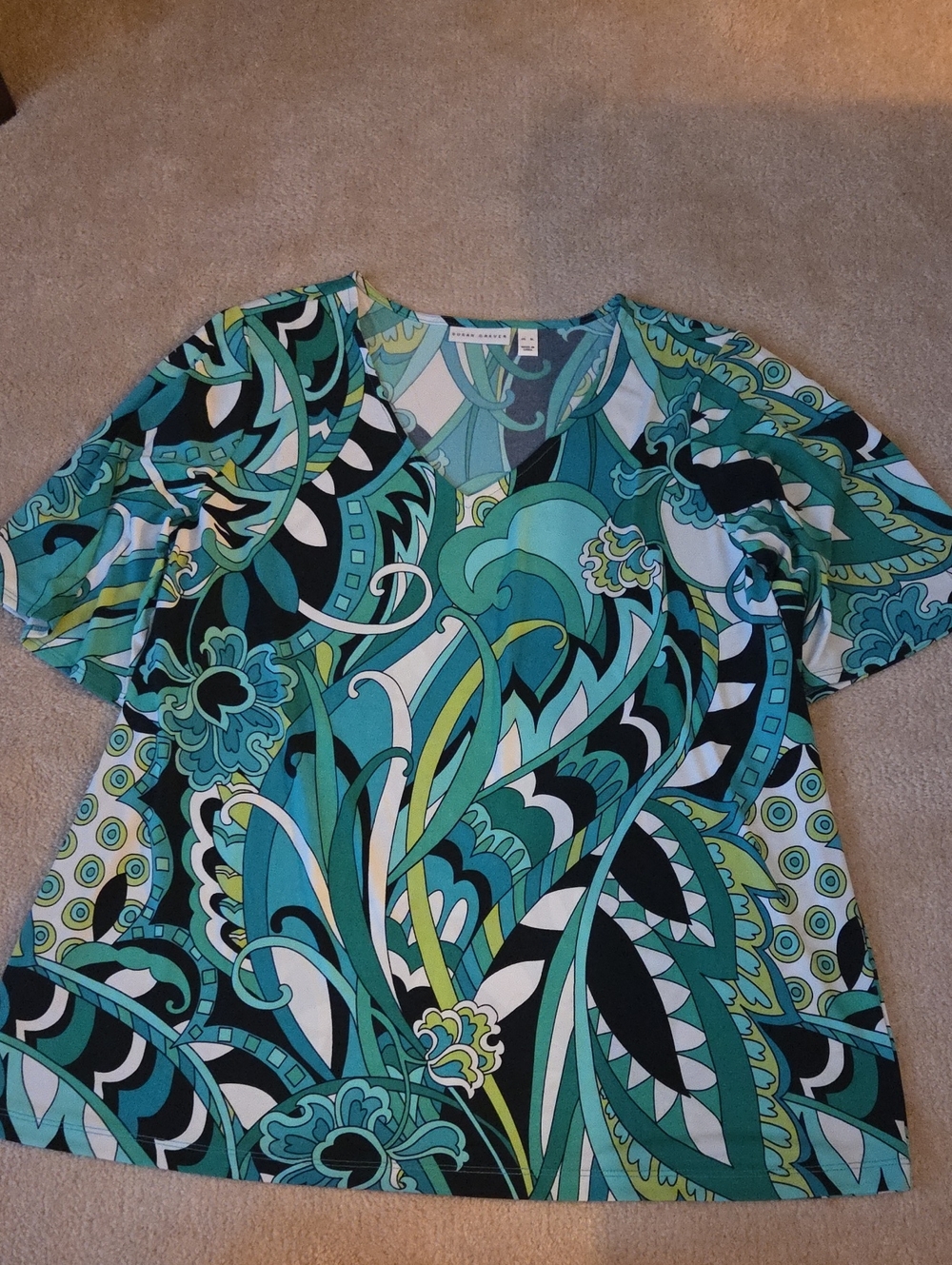 Susan Graver Teal & Aqua Abstract V-Neck Short Sleeve Top